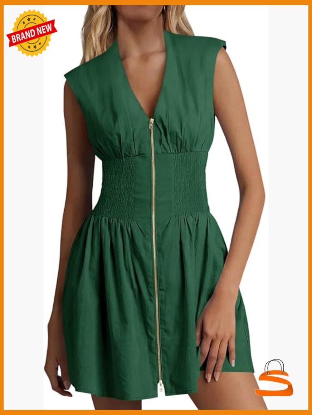 Sleeveless Zip Front V Neck Utility Tank Mini Dress with Pockets